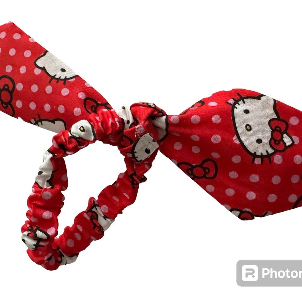 Hello Kitty scarf tie scrunchie hand made USA pink cotton rare red print summer